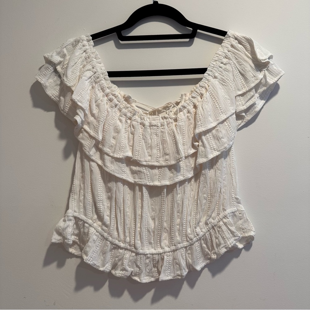 Express Cream Ruffled Tie Front Blouse - Picture 2 of 5
